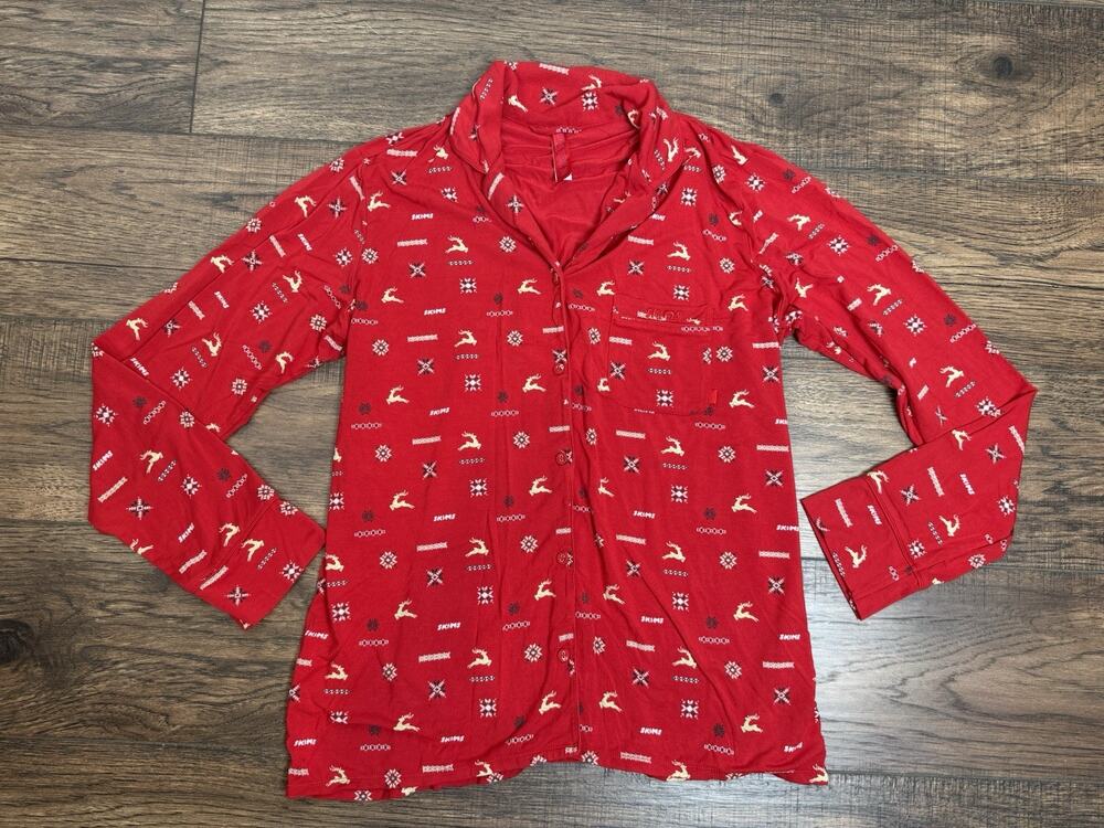 Skims Women's Red Holiday Reindeer Fair Isle Cotton Rib Pajama Top Size M
